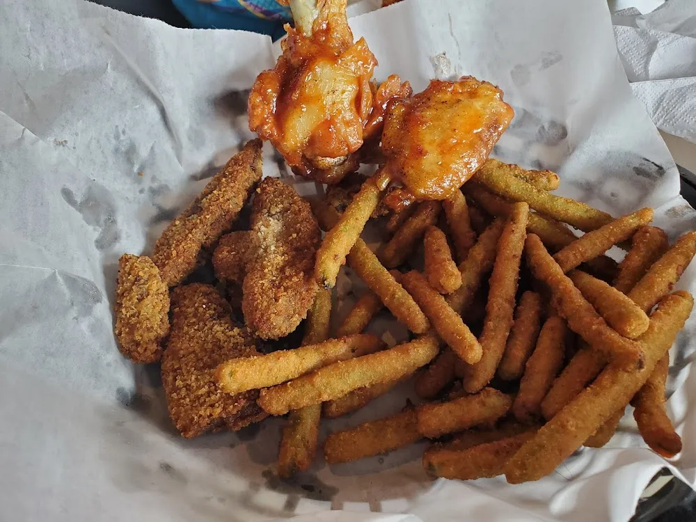 Fried Mushrooms and Green Beans with a Couple of Hot Wings